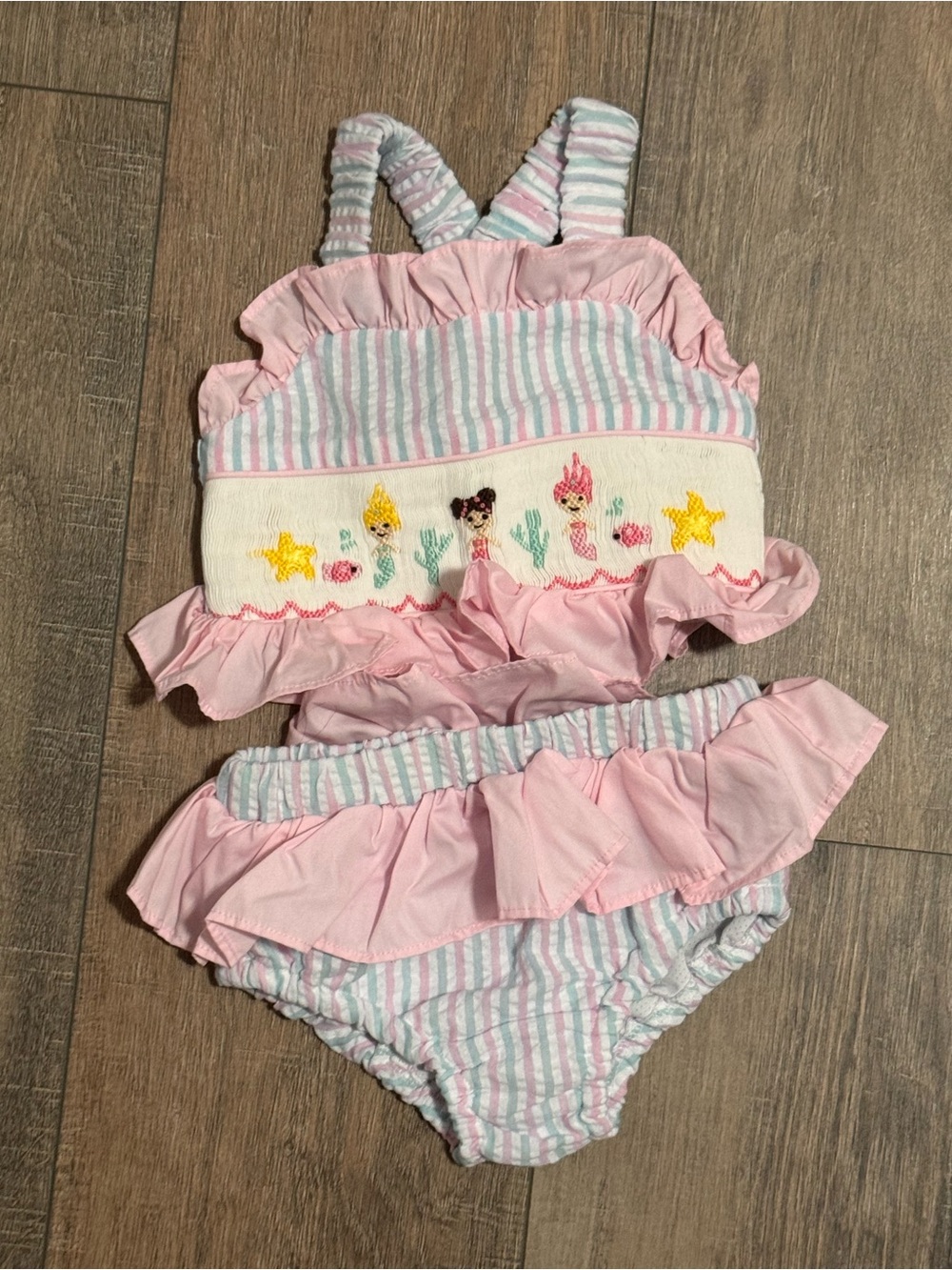 Pink Striped Ruffle Two-Piece Baby Swimsuit with Mermaid Embroidery